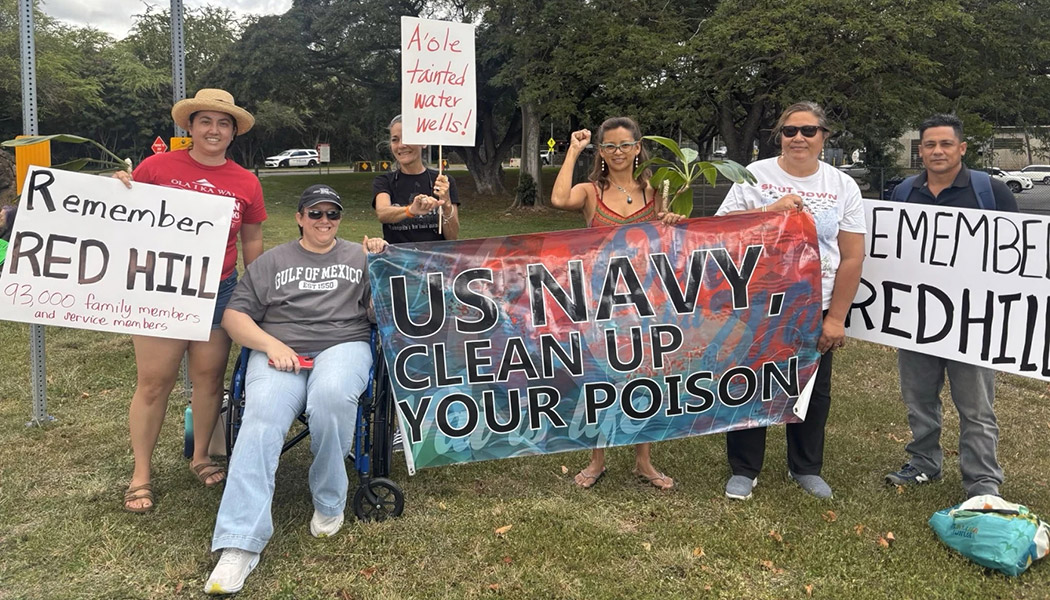 Various groups demonstrated at the gates of U.S. Pacific Command at Camp H.M. Smith on Oʻahu, March 25, 2025.